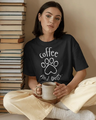 Coffee and Dogs T-Shirt — Paw Print Graphic Tee for Dog Lovers